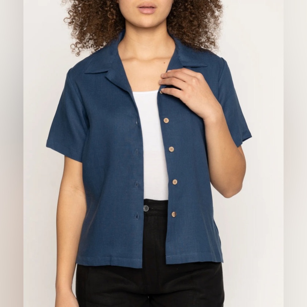 Naked & Famous Camp Collar Shirt - French Linen Fine Canva - Blue